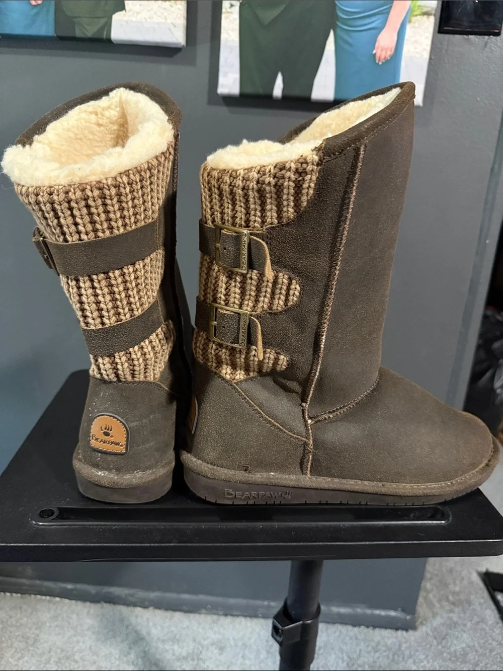 BearPaw Brown Suede Shearling-Lined Knit-Panel Boots Size 10